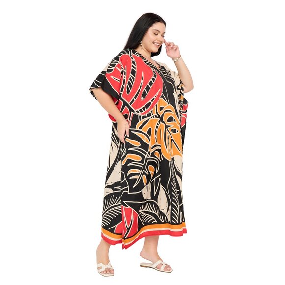 Gypsie Blu Leaf Printed Caftan Dresses for Women Polyester Plus Size Maxi Dress - Picture 2 of 6